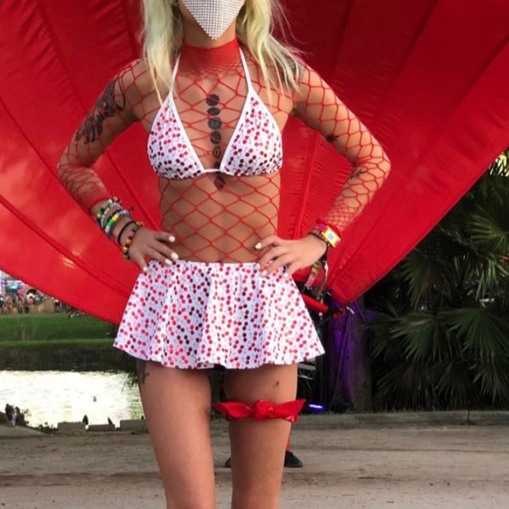 Rave after rave cherry top and skirt with a red fishnet bodysuit